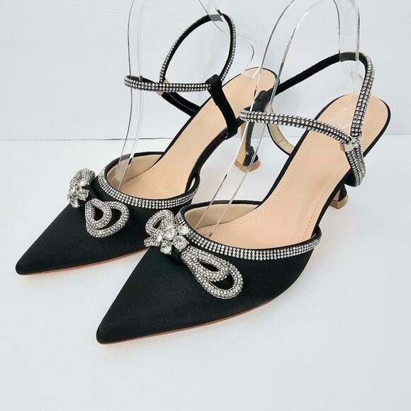 Black Rhinestone Bow Pointed Toe Strappy Special Occasion Heels Women's Size 10 - Picture 2 of 12